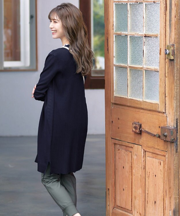 Tiaclasse 【洗える】バックリブプリーツ編みロングカーディガン ネイビー