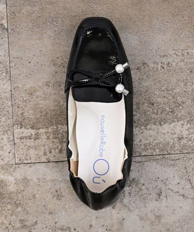 nouvelleRobe Oū 【本革・高反発】Square スクエアトゥ パール付きモカシン ブラックエナメル