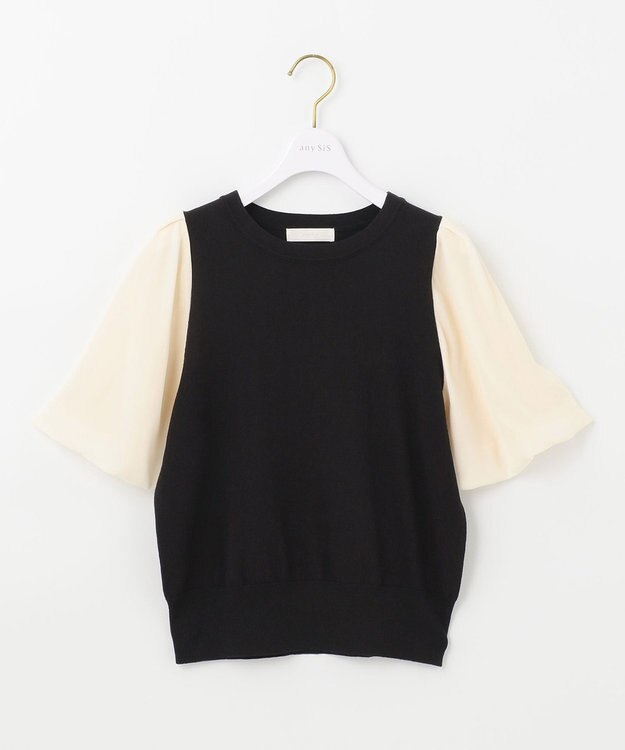 ANY SIS 【洗える】バルーンスリーブ ニットＴシャツ ブラック×アイボリー