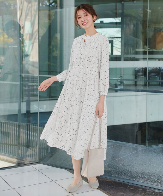 Tiaclasse L 襟フリルリボンワンピース オフホワイトドット