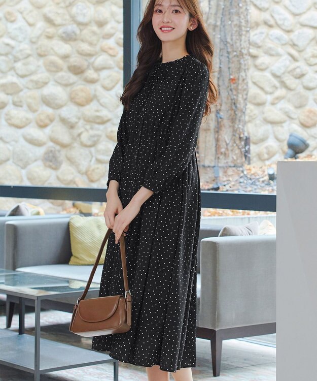 Tiaclasse L 襟フリルリボンワンピース ブラックドット