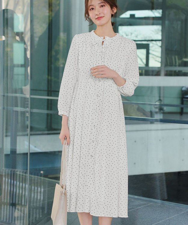 Tiaclasse L 襟フリルリボンワンピース オフホワイトドット