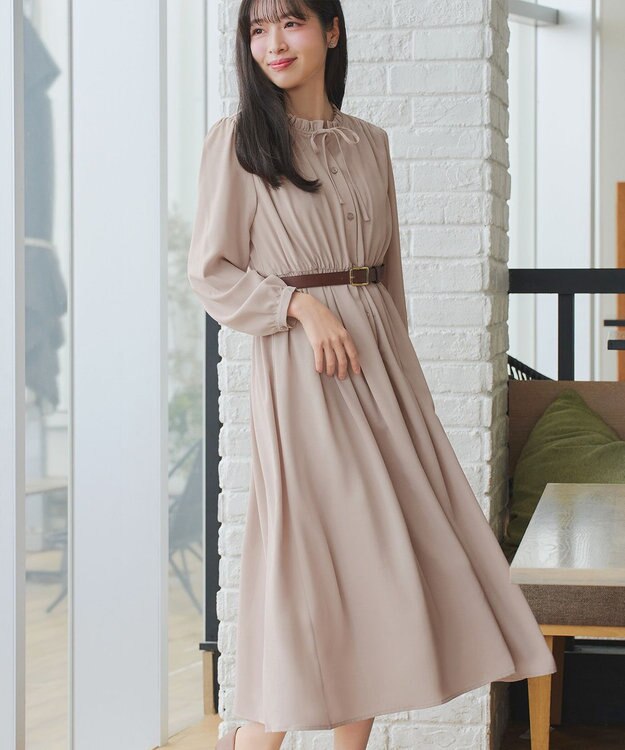 Tiaclasse L 襟フリルリボンワンピース ベージュ