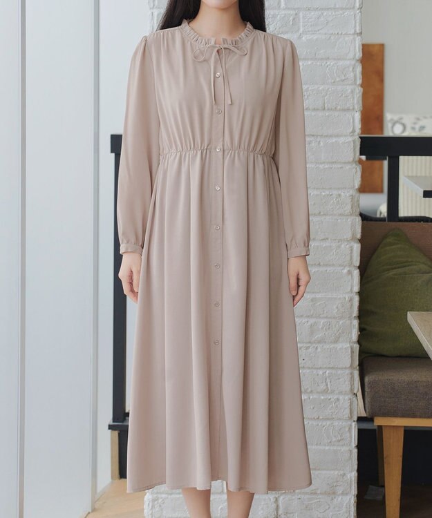 Tiaclasse L 襟フリルリボンワンピース ベージュ
