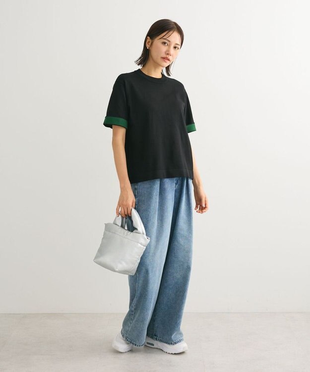 Green Parks 袖裏配色５分袖ニットプルオーバー Black