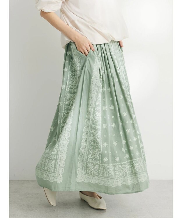 CRAFT STANDARD BOUTIQUE パネル柄マキシギャザースカート Light Green