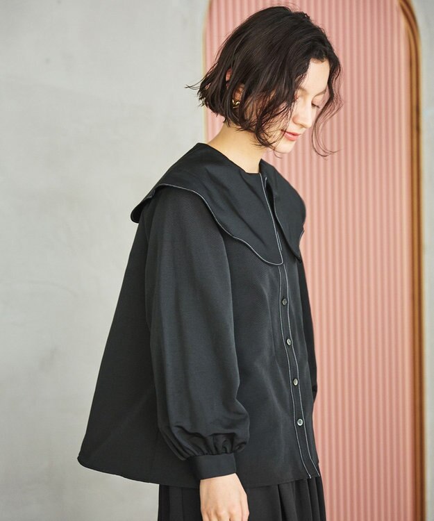 #Newans 【洗濯機可能/シワになりにくい】〈小柄さんにお勧め〉ウェービーカラーブラウス ブラック