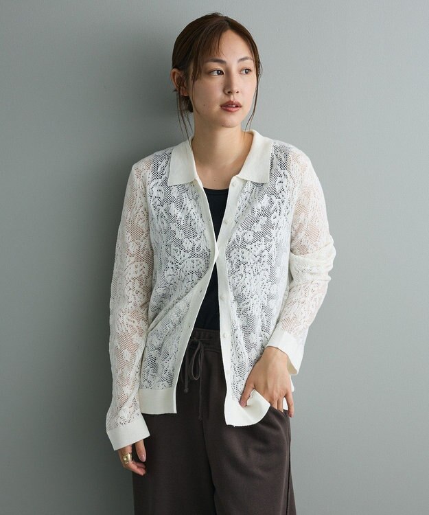 CRAFT STANDARD BOUTIQUE レース編みポロカーディガン White