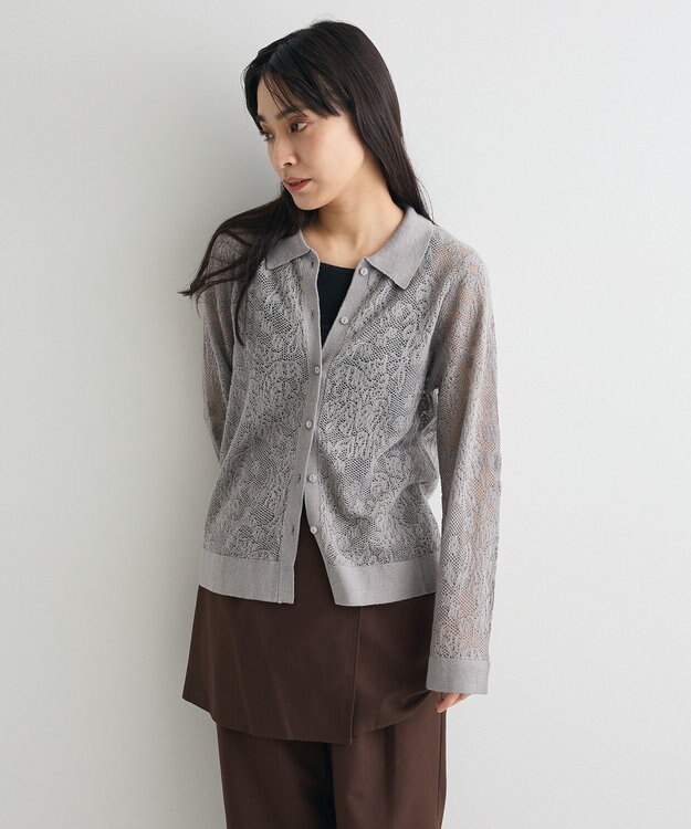 CRAFT STANDARD BOUTIQUE レース編みポロカーディガン Gray