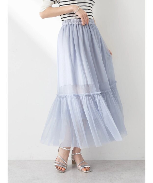 earth music&ecology ティアードチュールスカート Grayish Blue
