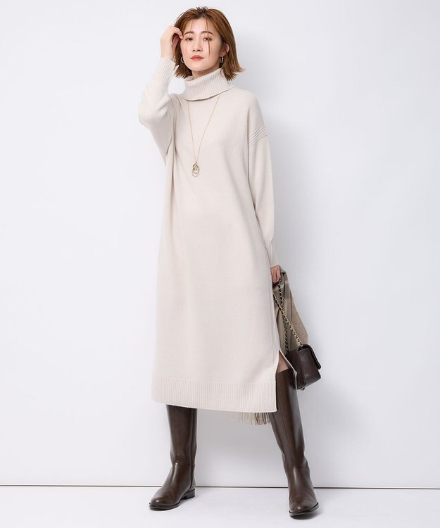 23区 【洗える】ウールカシミヤ タートルネック ニットワンピース ベージュ系