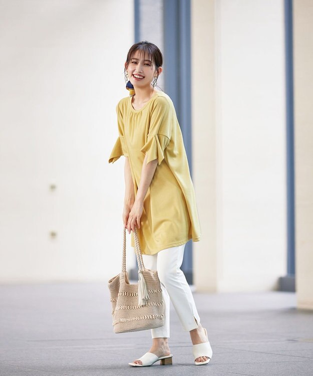 Tiaclasse 【洗える】フレアカフスポンチチュニックブラウス イエロー