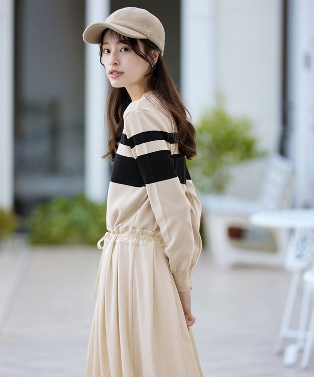 Tiaclasse 【洗える】マルチボーダーニットコンビワンピース ベージュ