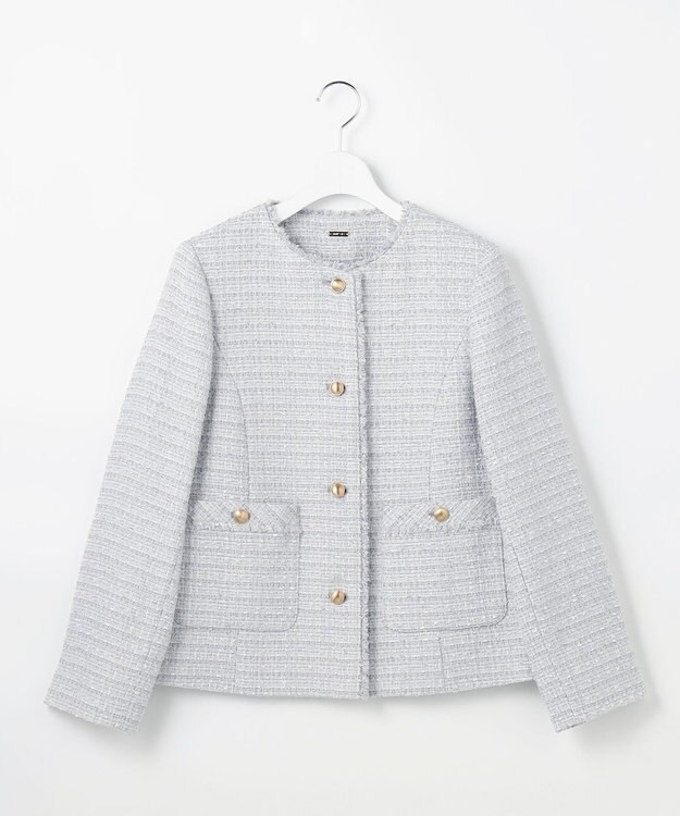 ANY SIS L ノーカラーフリンジツイード ジャケット ブルーグレーミックス