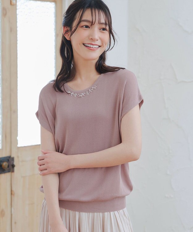 Tiaclasse L 【洗える】ビジュー付きフレンチニット ピンク