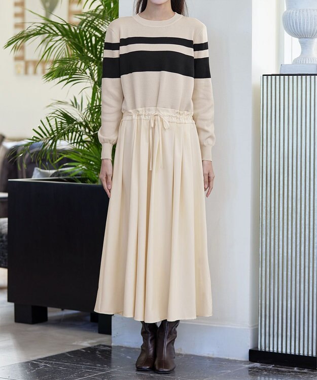 Tiaclasse 【洗える】マルチボーダーニットコンビワンピース ベージュ