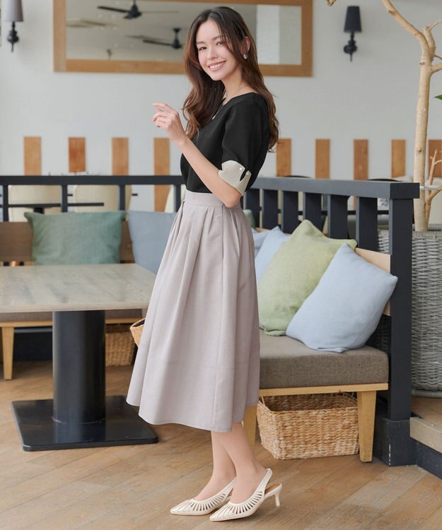 Tiaclasse 【選べる丈】麻調タックフレアスカート 膝丈グレージュ