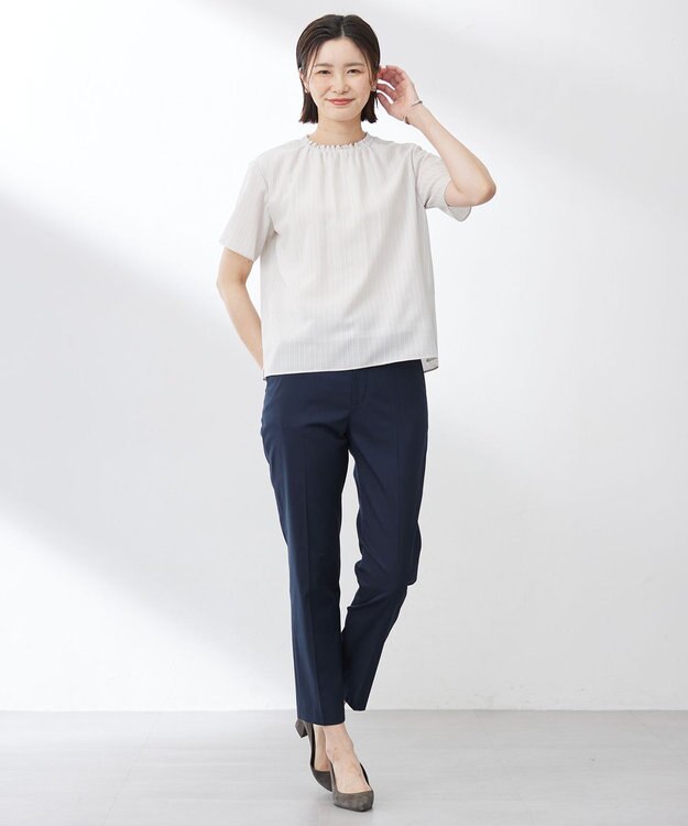 J.PRESS LADIES L 【洗える】シアーストライプ＆チェック ブラウスライク カットソー グレージュストライプ系