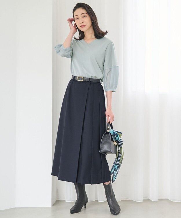 自由区 【洗える】トロストレッチ スカート ネイビー系