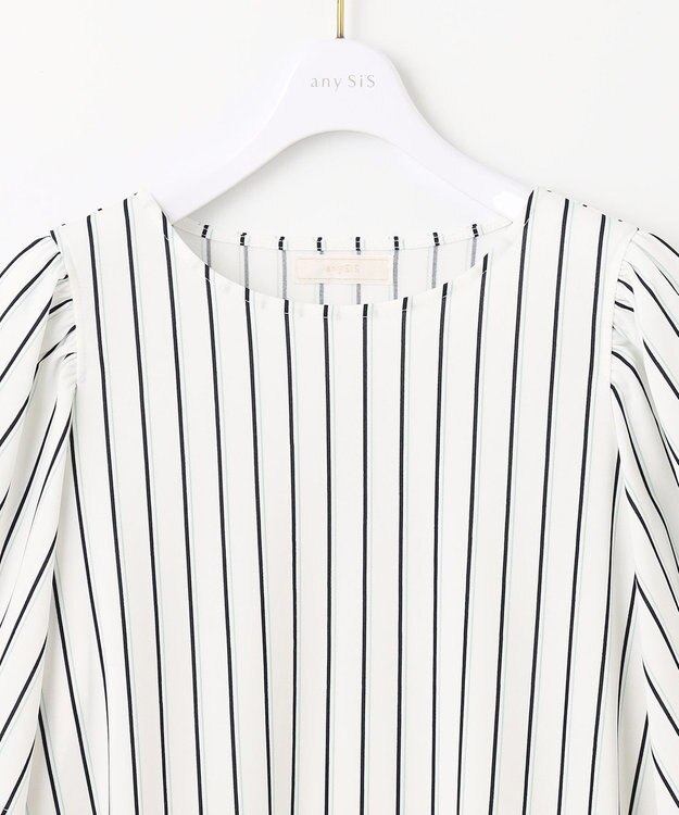 ANY SIS 【接触冷感・吸水速乾・UVケア】エアリードレープスムース フレア袖 ブラウス オフストライプ