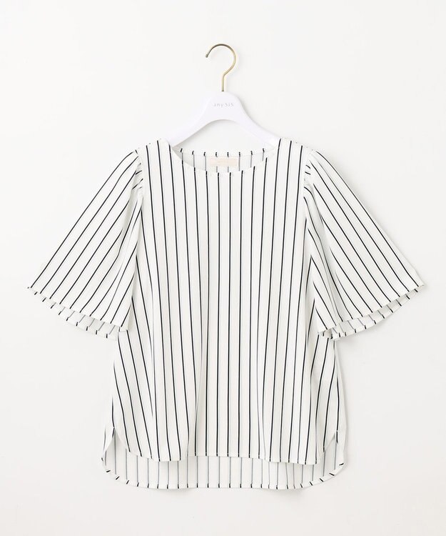 ANY SIS 【接触冷感・吸水速乾・UVケア】エアリードレープスムース フレア袖 ブラウス オフストライプ