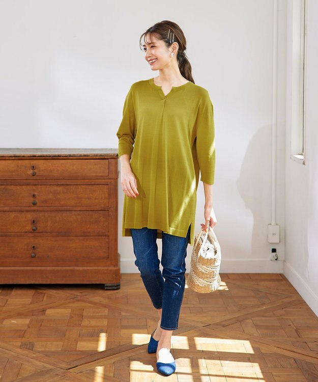 Tiaclasse 【洗える】キーネックニットチュニック ライム