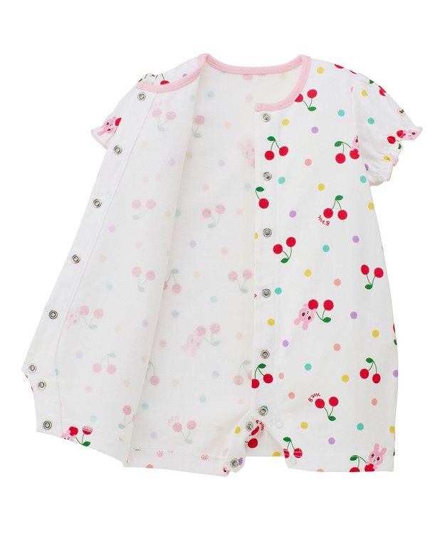 MIKI HOUSE HOT BISCUITS 【70-80cm】キャビット×さくらんぼ 総柄ショートオール 白