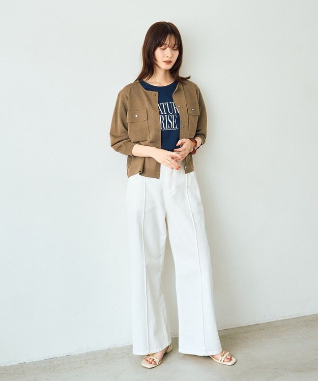 YECCA VECCA ノーカラー7分袖ポケットカーディガン Dark Beige