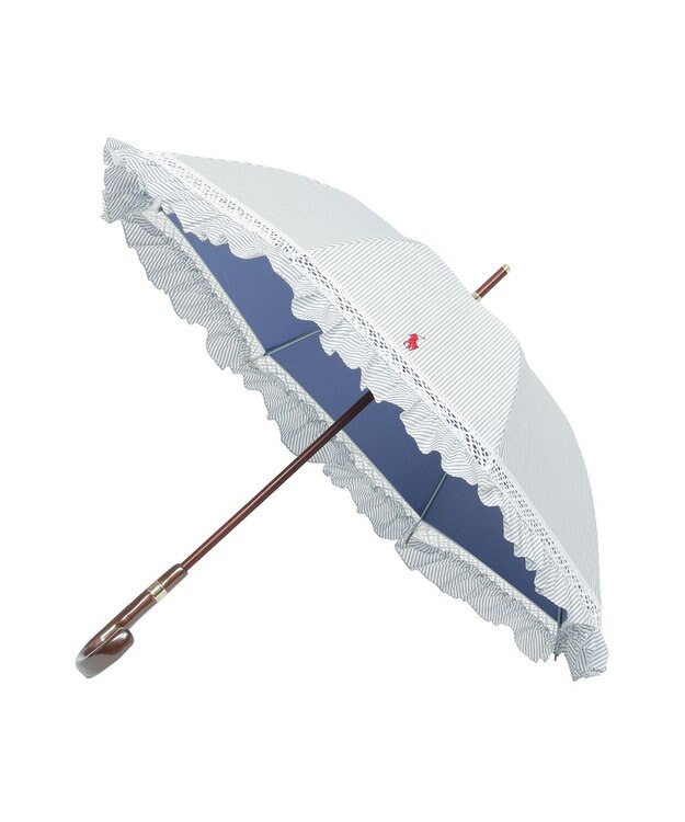 MOONBAT 【遮光/晴雨兼用】POLO RALPH LAUREN （ポロラルフローレン） 長傘 晴雨兼用日傘 ストライプフリル 遮光 遮熱 UV ダークブルー