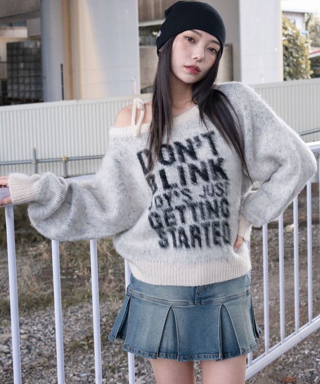 WEGO シャギー2WAYグラフィックワンショルニット ホワイトアイボリー