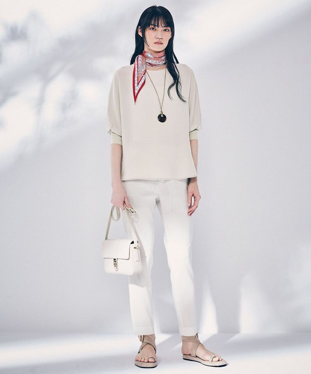 23区 L 【洗える】リネンレーヨンストレッチ テーパード パンツ ホワイト系