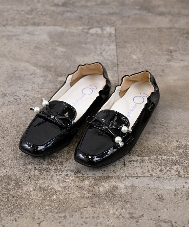 nouvelleRobe Oū 【本革・高反発】Square スクエアトゥ パール付きモカシン ブラックエナメル