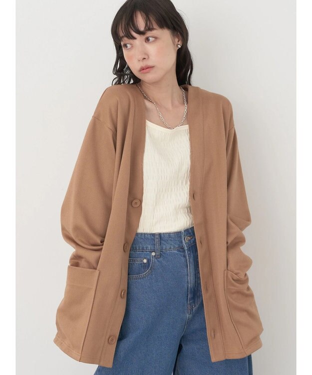 earth music&ecology ヘリンボーン調Ｖネックカーディガン Camel
