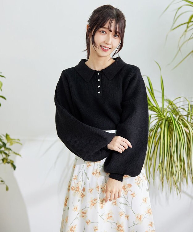 Tiaclasse L 【洗える】衿付きパフ袖ニット ブラック