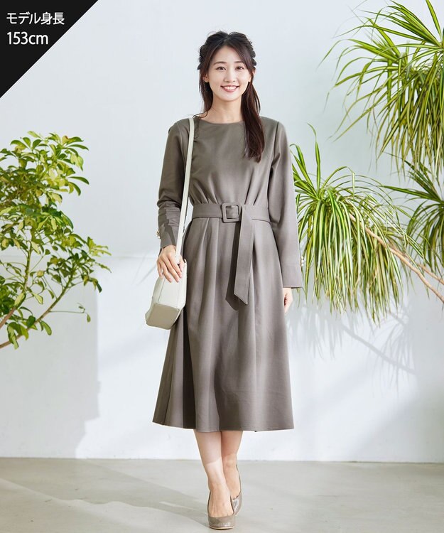 Tiaclasse 【GOLD LABEL・洗える】パールボタン付きポンチワンピース モカ