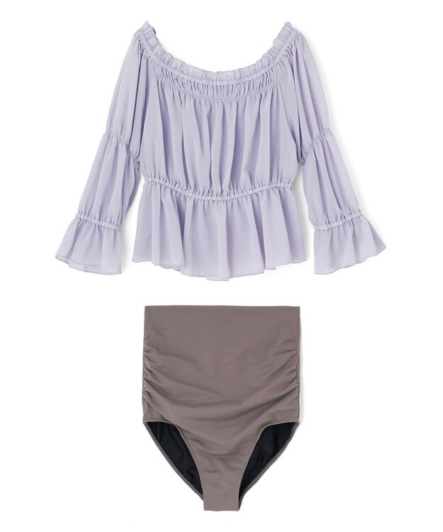 San-ai Resort（三愛水着楽園） パフスリーブトップス付き3点セット水着　9M　【San-ai Resort（サンアイリゾート）】 ブルー×グレー