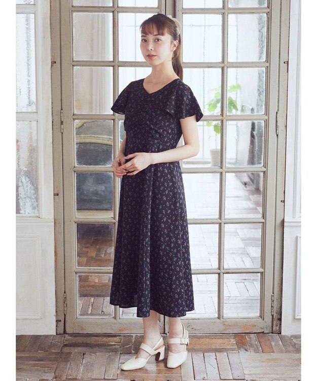 earth music&ecology フロントギャザーフラワーワンピース Black