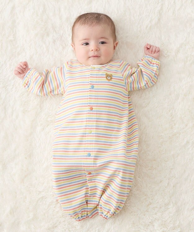 MIKI HOUSE HOT BISCUITS 【50-60cm】 みじんボーダー ワンポイント刺繍 ツーウェイオール マルチカラー