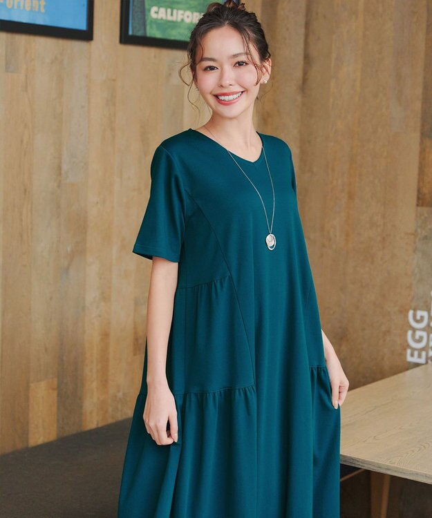 Tiaclasse 【小倉優子さん着用・洗える・接触冷感・汗ジミ防止】“サマさまカットソー”サイドティアードワンピース ターコイズ