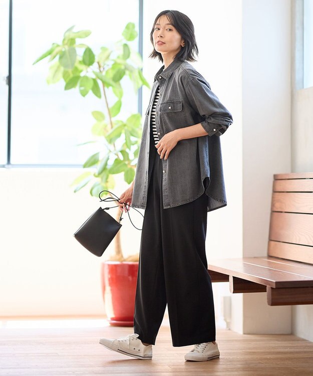 ANY 【洗濯機可】パールボタンデニムシャツ グレー