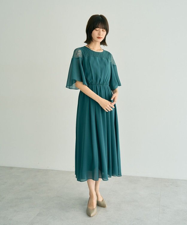 YECCA VECCA レース切替シフォンドレス Blue Green