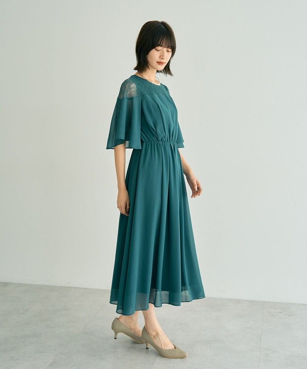 YECCA VECCA レース切替シフォンドレス Blue Green