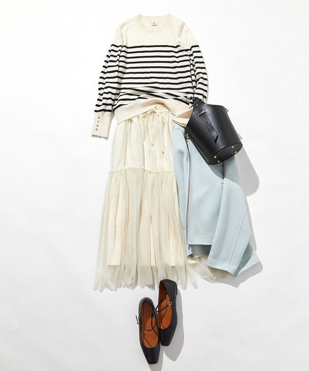 23区 S 【洗える】ピュアカシミヤ ボーダー ニット ライトグレー×ブラックボーダー