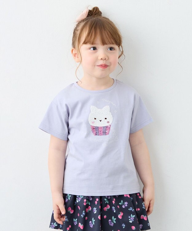 ANY KIDS 【綿100%】ドロップショルダーミラクルスパンコールTシャツ サックスブルー×ケーキ