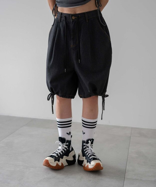 WEGO ドロストワイドルーズハーフパンツ ブラック