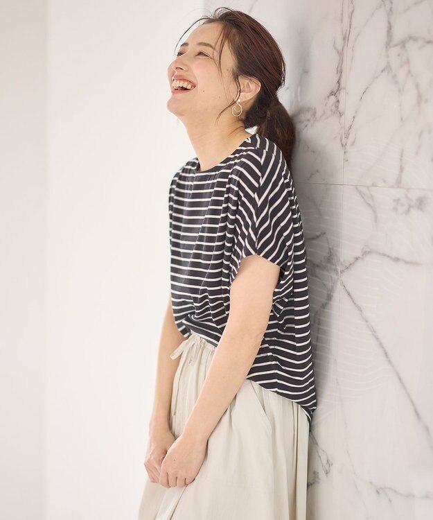 ANY 【洗濯機可/UVケア/接触冷感】フレンチスリーブロゴ・カラーTシャツ チャコールボーダー