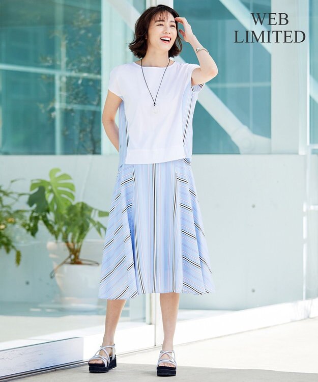 自由区 L 【WEB限定】ランダムストライプ セットアップワンピース サックスブルー系1