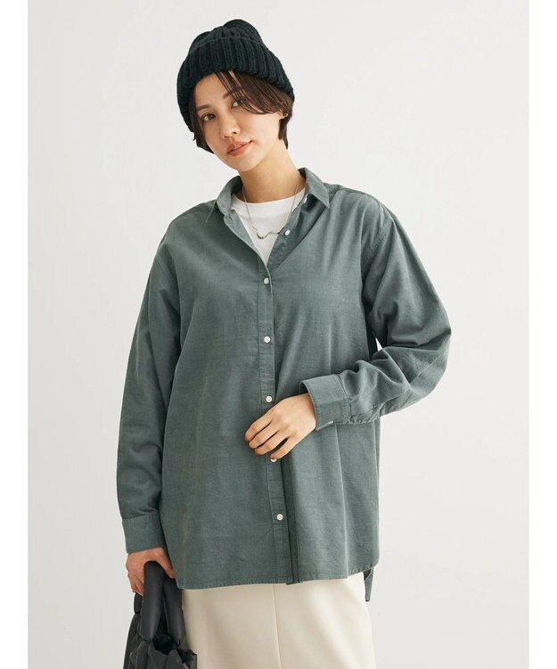 Green Parks 柔らかい細コールシャツ Blue Green