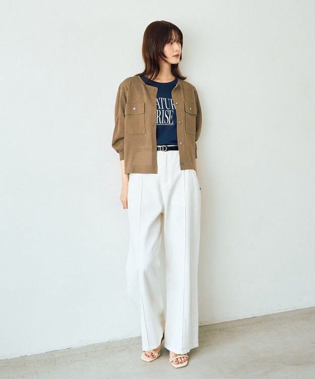 YECCA VECCA ノーカラー7分袖ポケットカーディガン Dark Beige