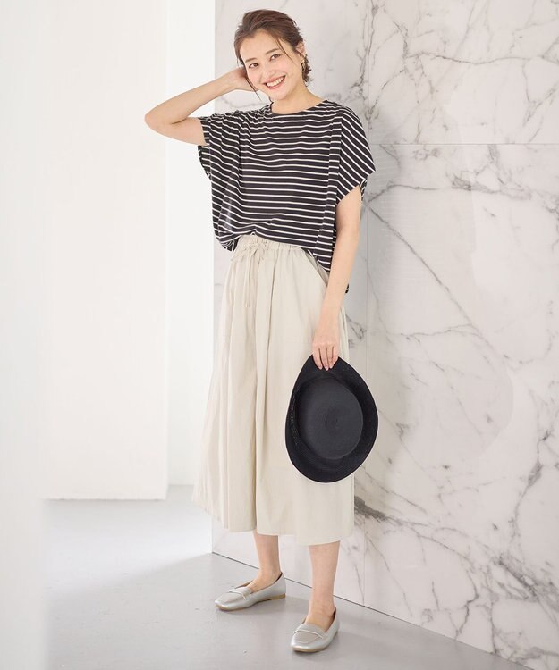 ANY L 【洗濯機可/UVケア/接触冷感】フレンチスリーブロゴ・カラーTシャツ チャコールボーダー